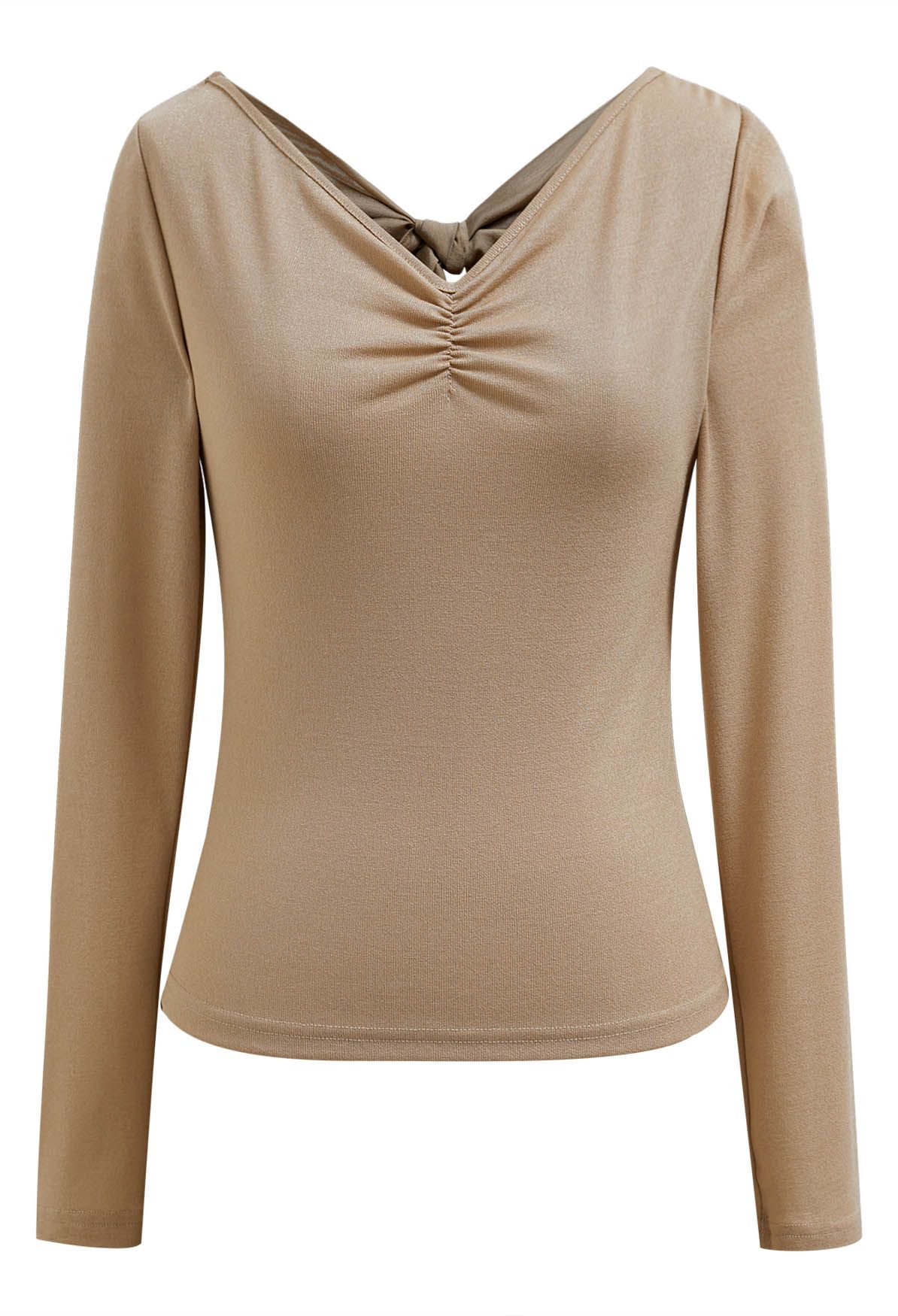 Self-Tie Bowknot Back Ruched V-Neck Top in Light Tan
