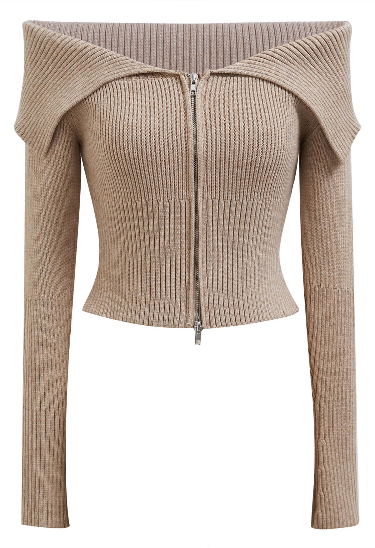 Flap Collar Zip Up Cropped Knit Top in Light Tan