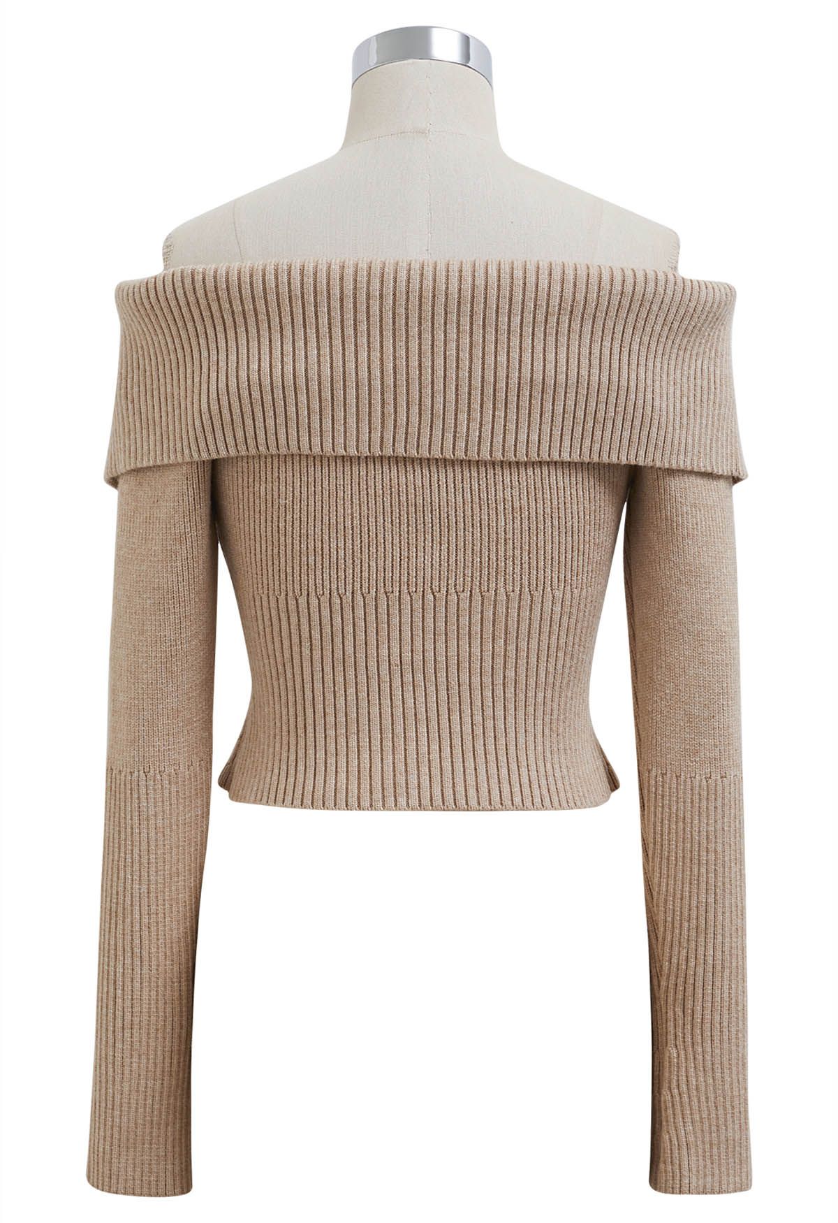 Flap Collar Zip Up Cropped Knit Top in Light Tan