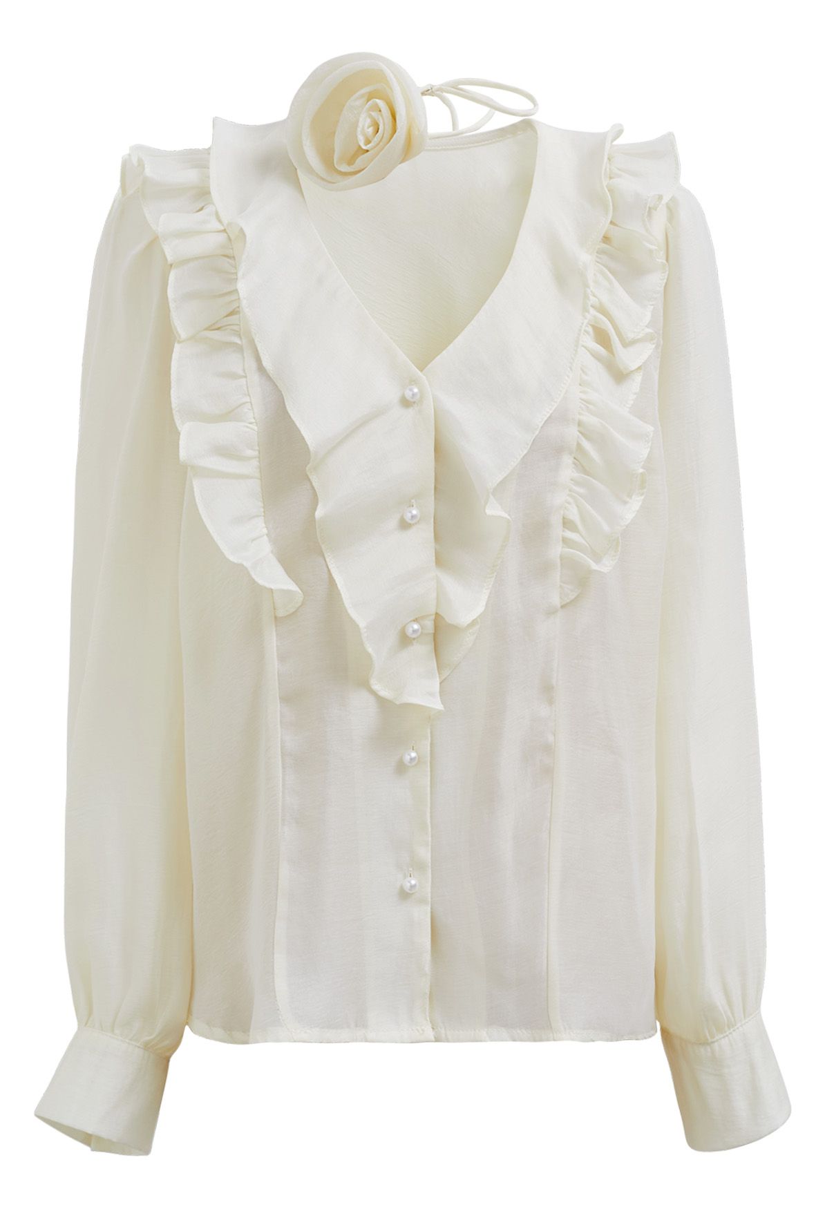 Flower Choker Necklace Ruffle Trim Shirt in Cream