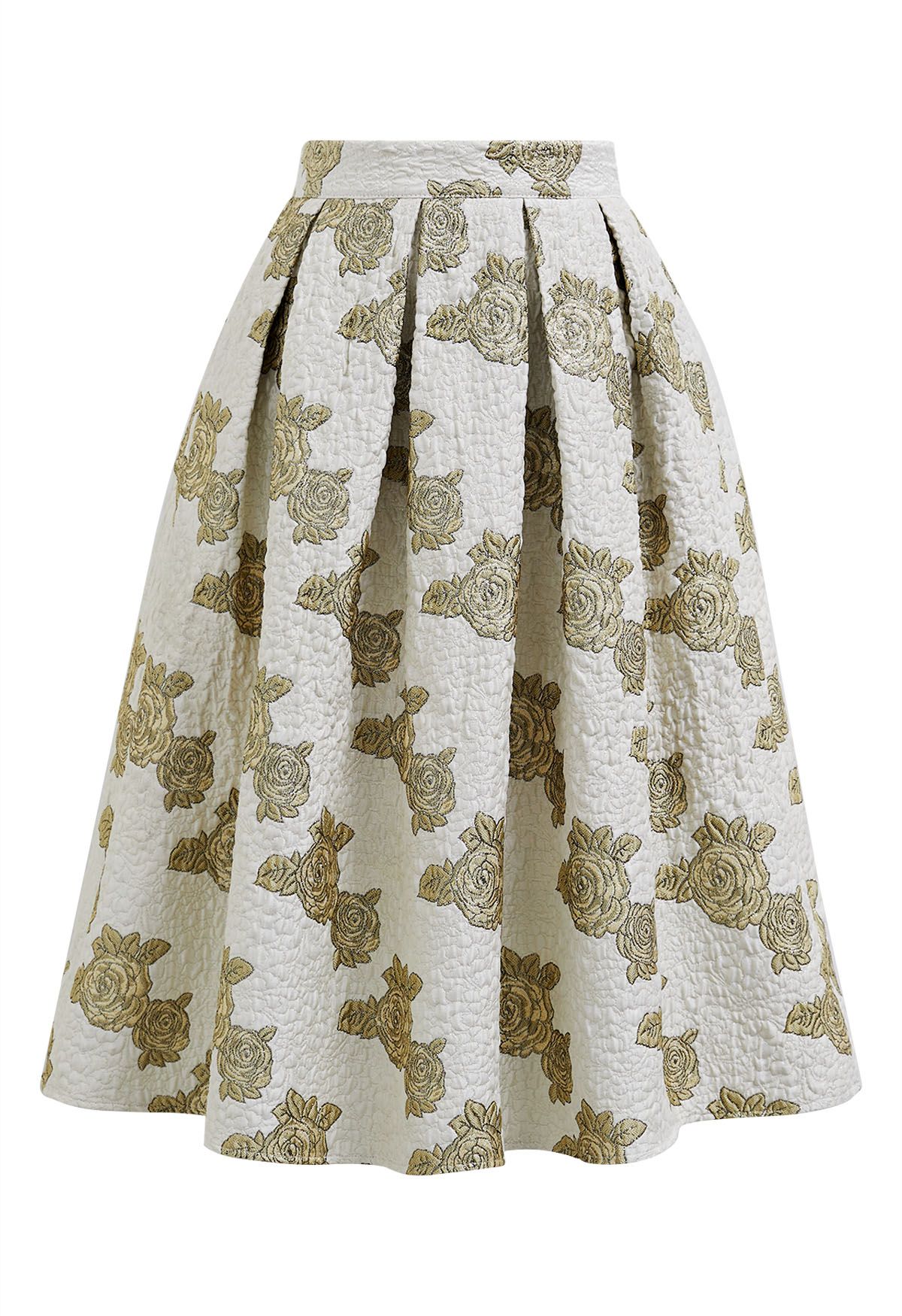 Vintage Rose Jacquard Embossed Pleated Midi Skirt