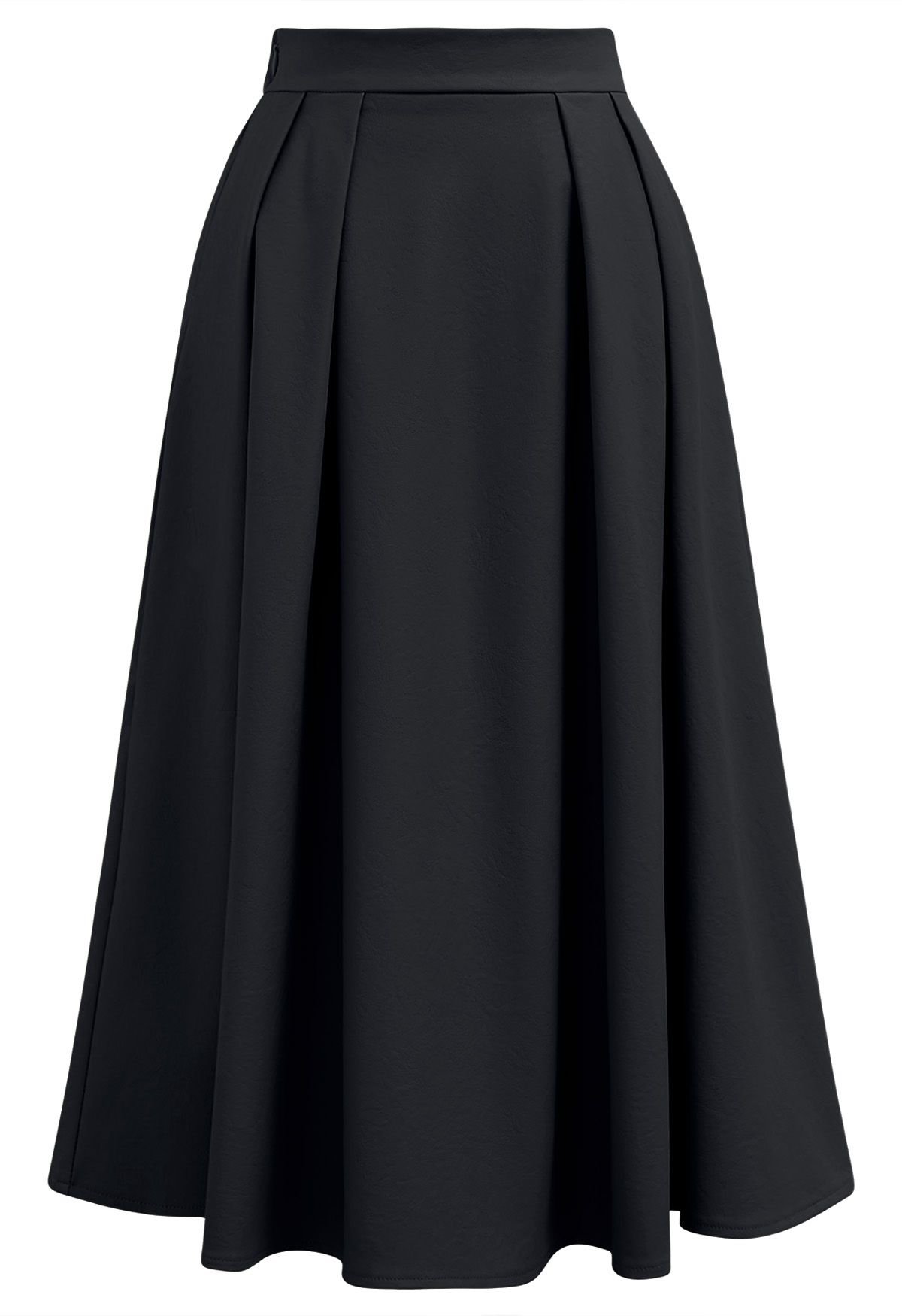 Faux Leather Pleated Flare Midi Skirt in Black