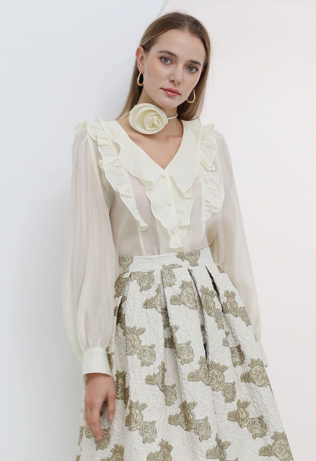 Flower Choker Necklace Ruffle Trim Shirt in Cream