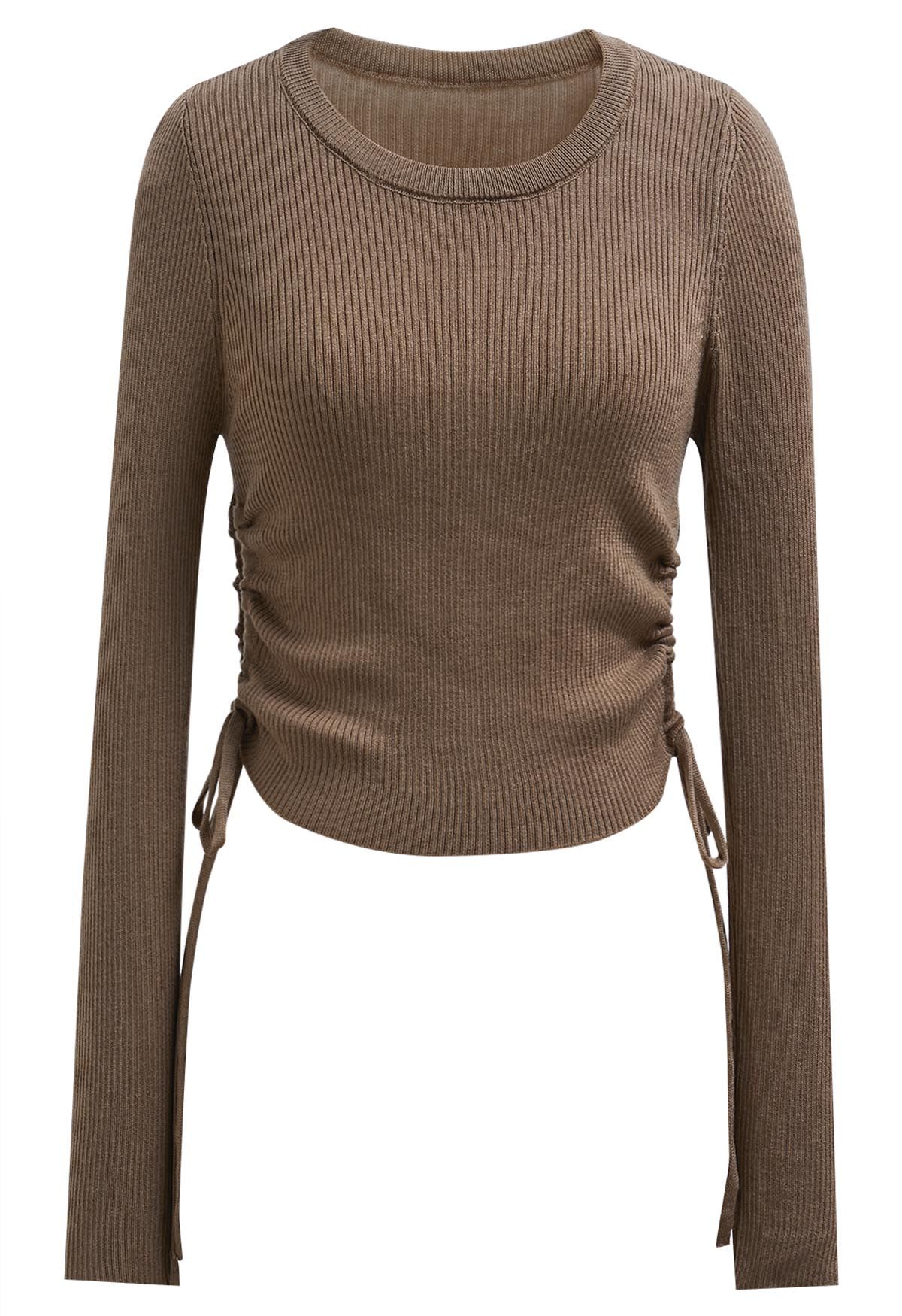 Side Drawstring Long Sleeves Crop Top in Brown