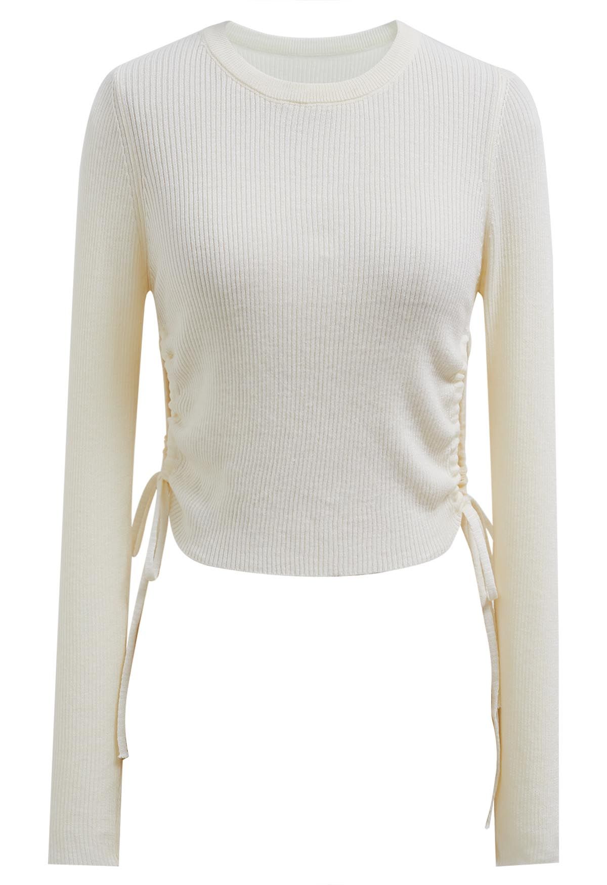 Side Drawstring Long Sleeves Crop Top in Cream