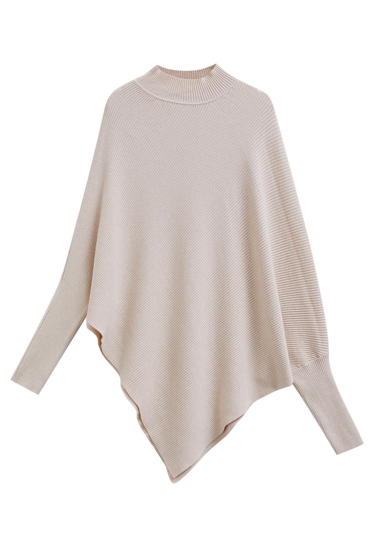 Asymmetric Batwing Sleeve Ribbed Knit Poncho in Oatmeal