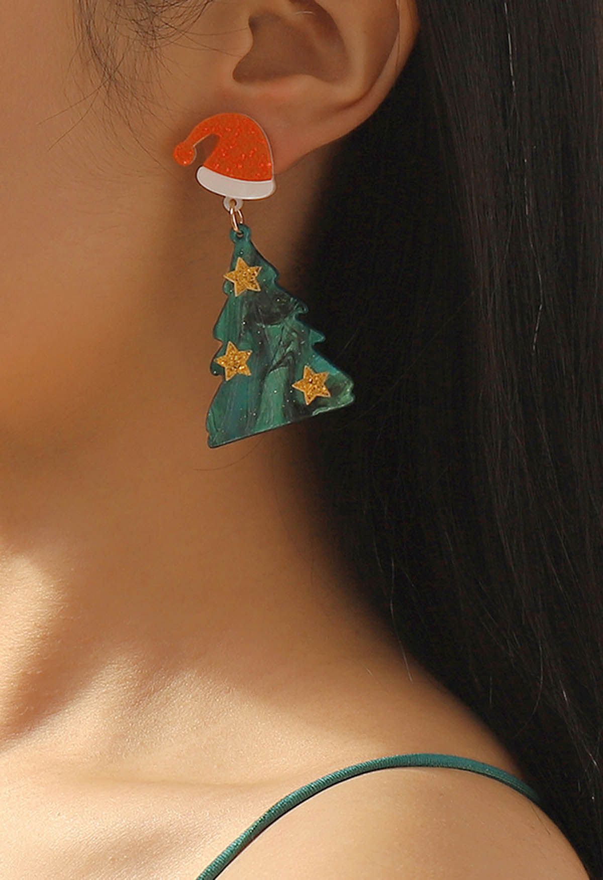 
Christmas Tree Starry Earrings in Green