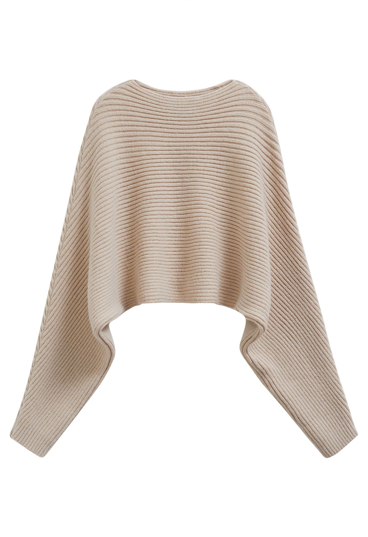 Dramatic Batwing Sleeve Ribbed Knit Sweater in Sand