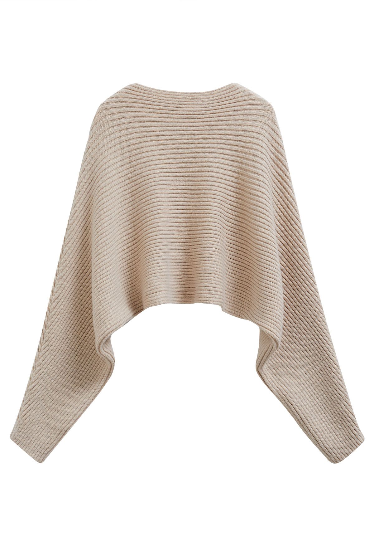 Dramatic Batwing Sleeve Ribbed Knit Sweater in Sand