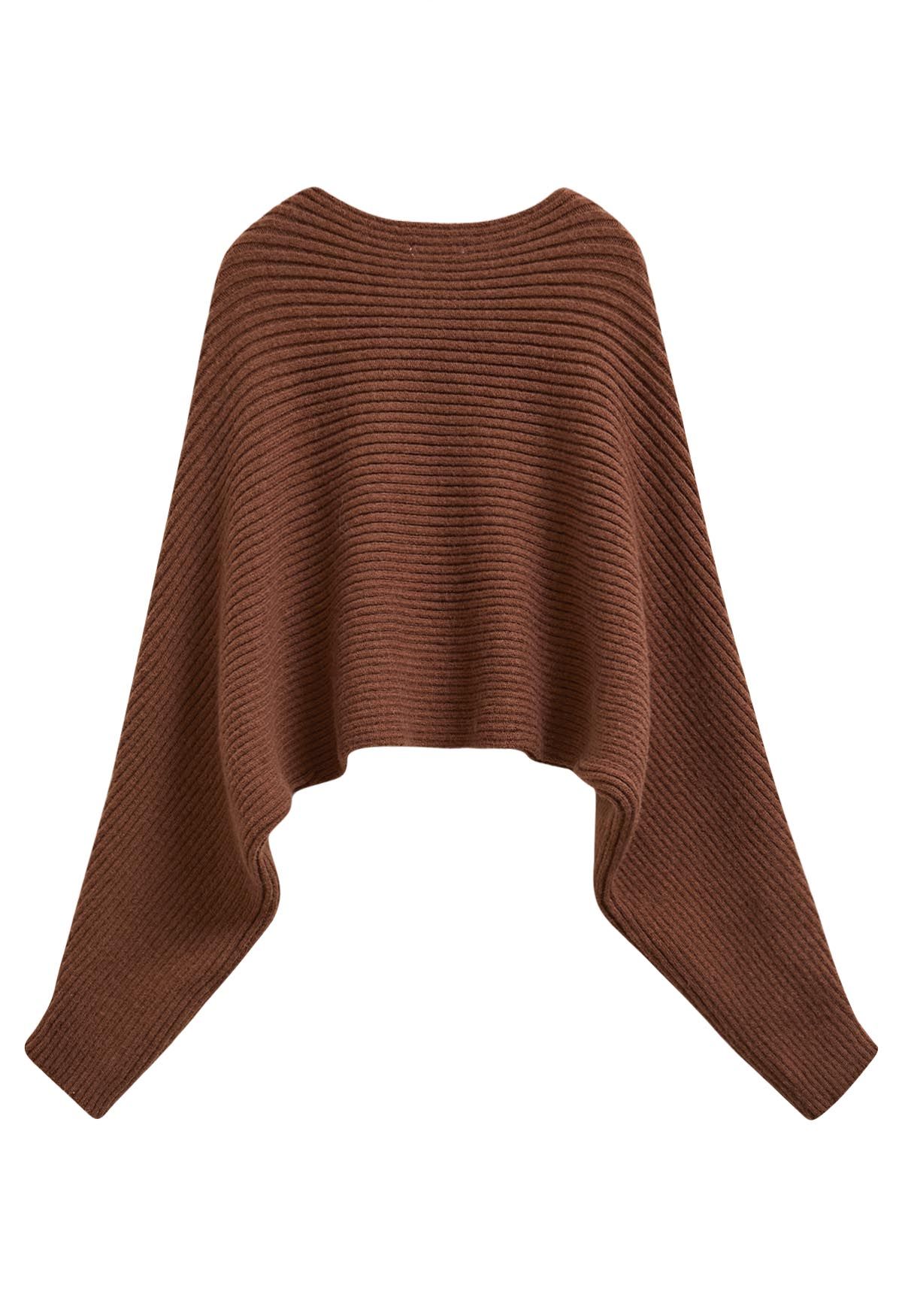 Dramatic Batwing Sleeve Ribbed Knit Sweater in Caramel