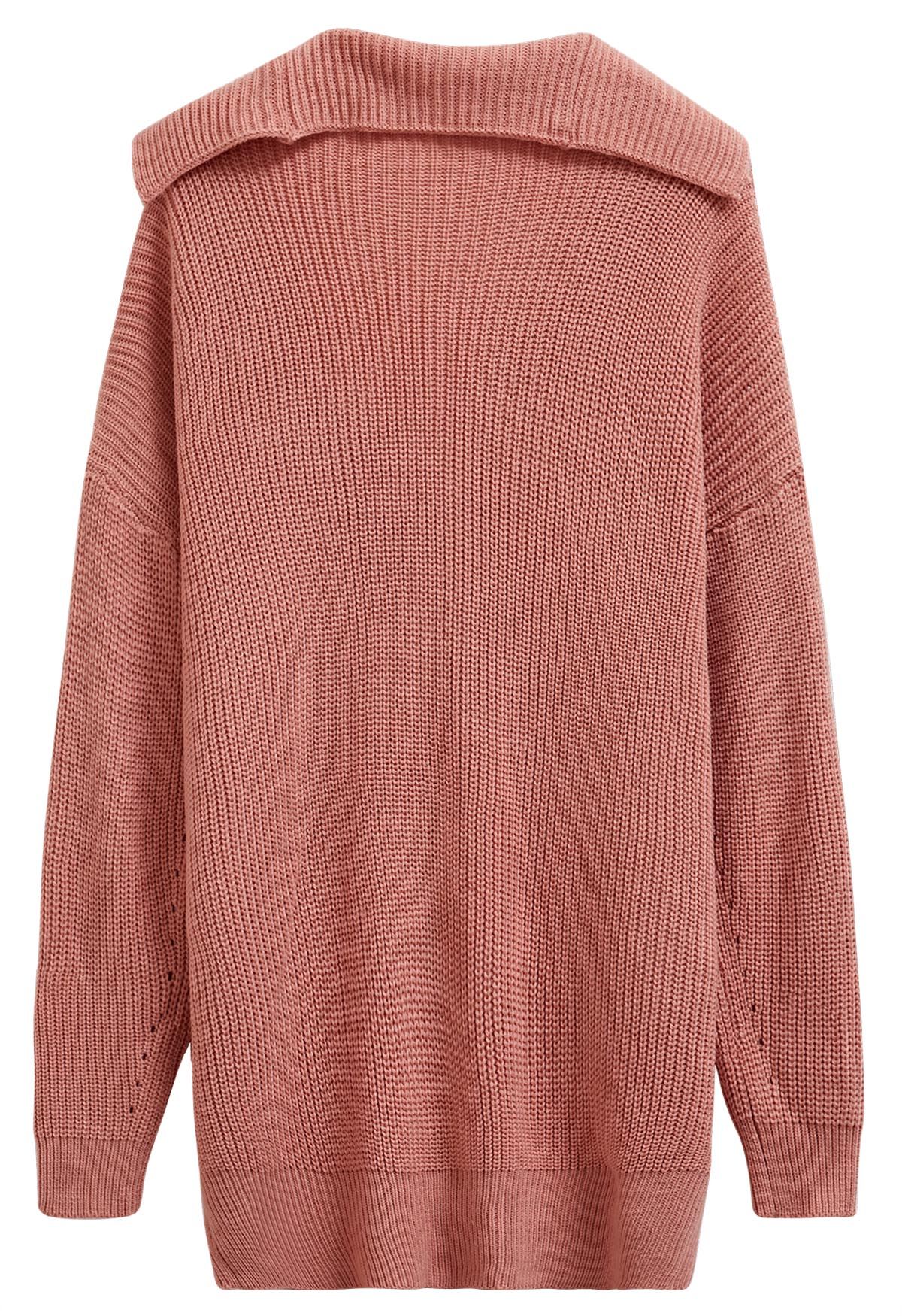 Flap Collar Button Down Longline Knit Cardigan in Coral