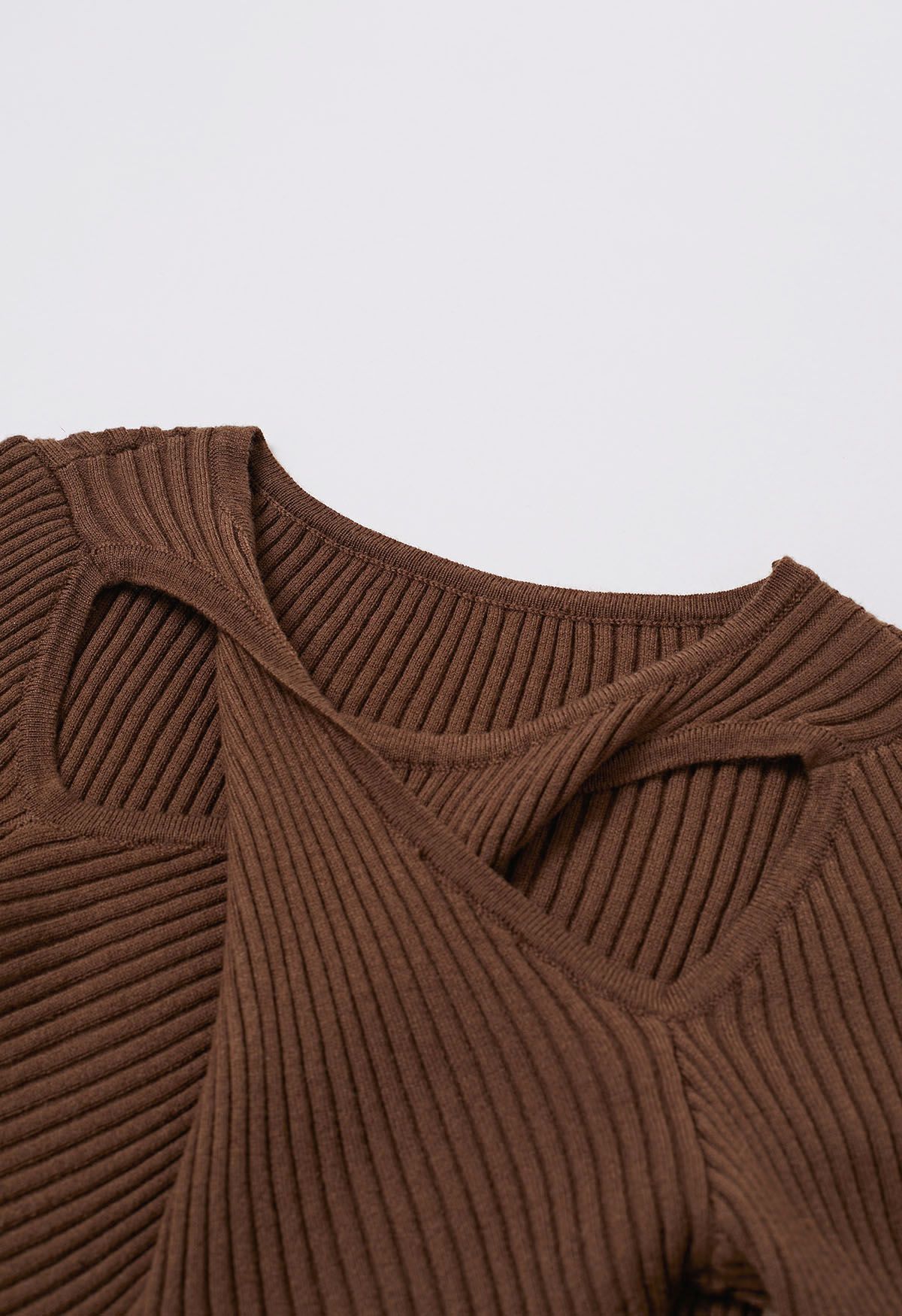 Twist Cutout Neck Ribbed Knit Top in Brown