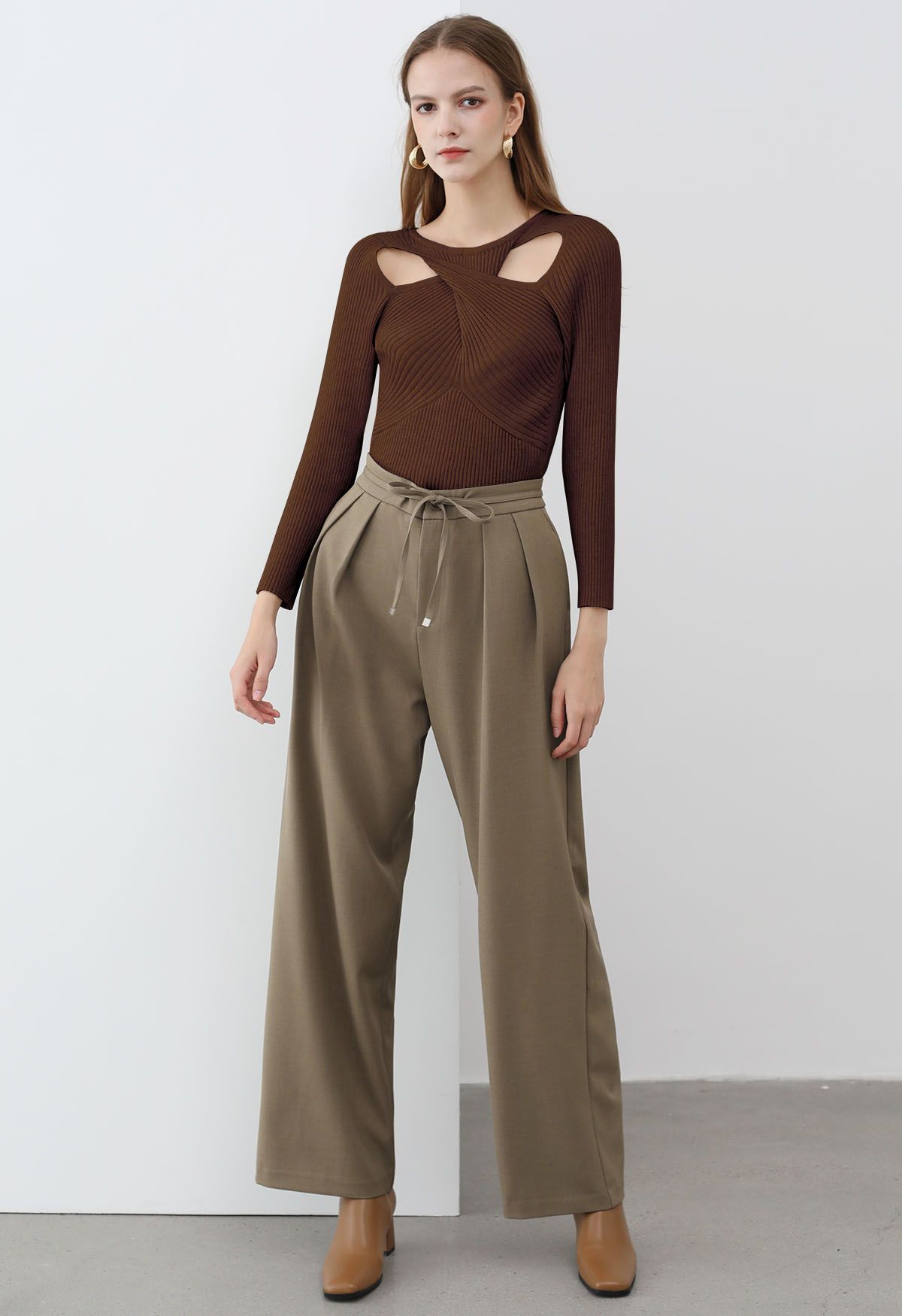 Twist Cutout Neck Ribbed Knit Top in Brown