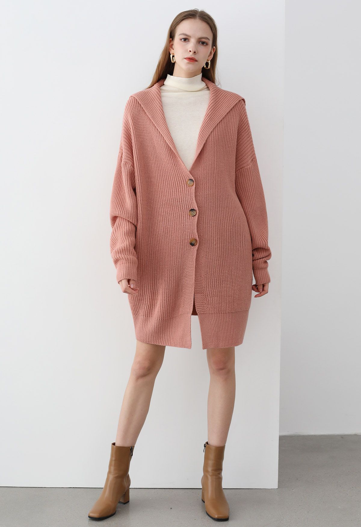 Flap Collar Button Down Longline Knit Cardigan in Coral