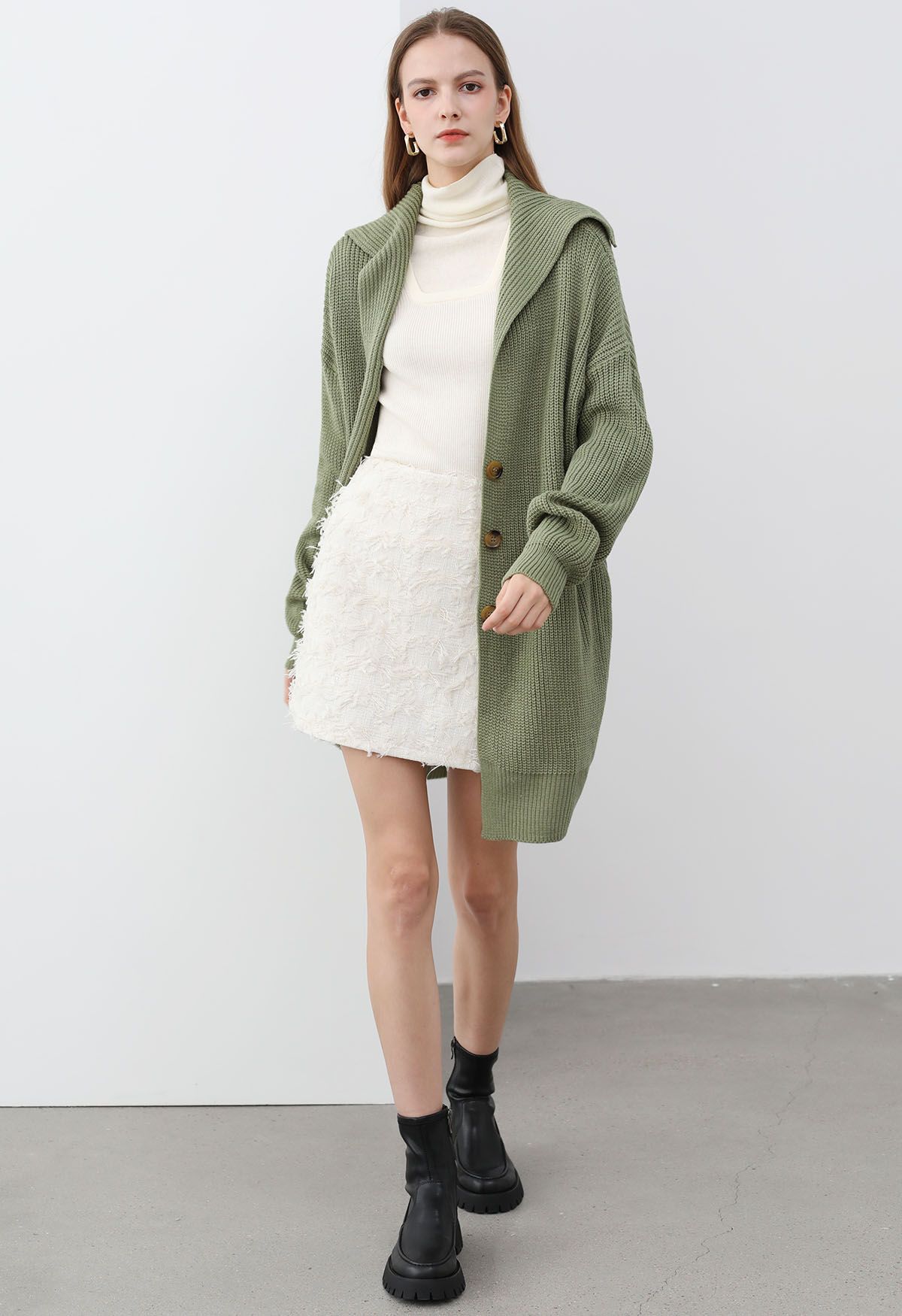 Flap Collar Button Down Longline Knit Cardigan in Green