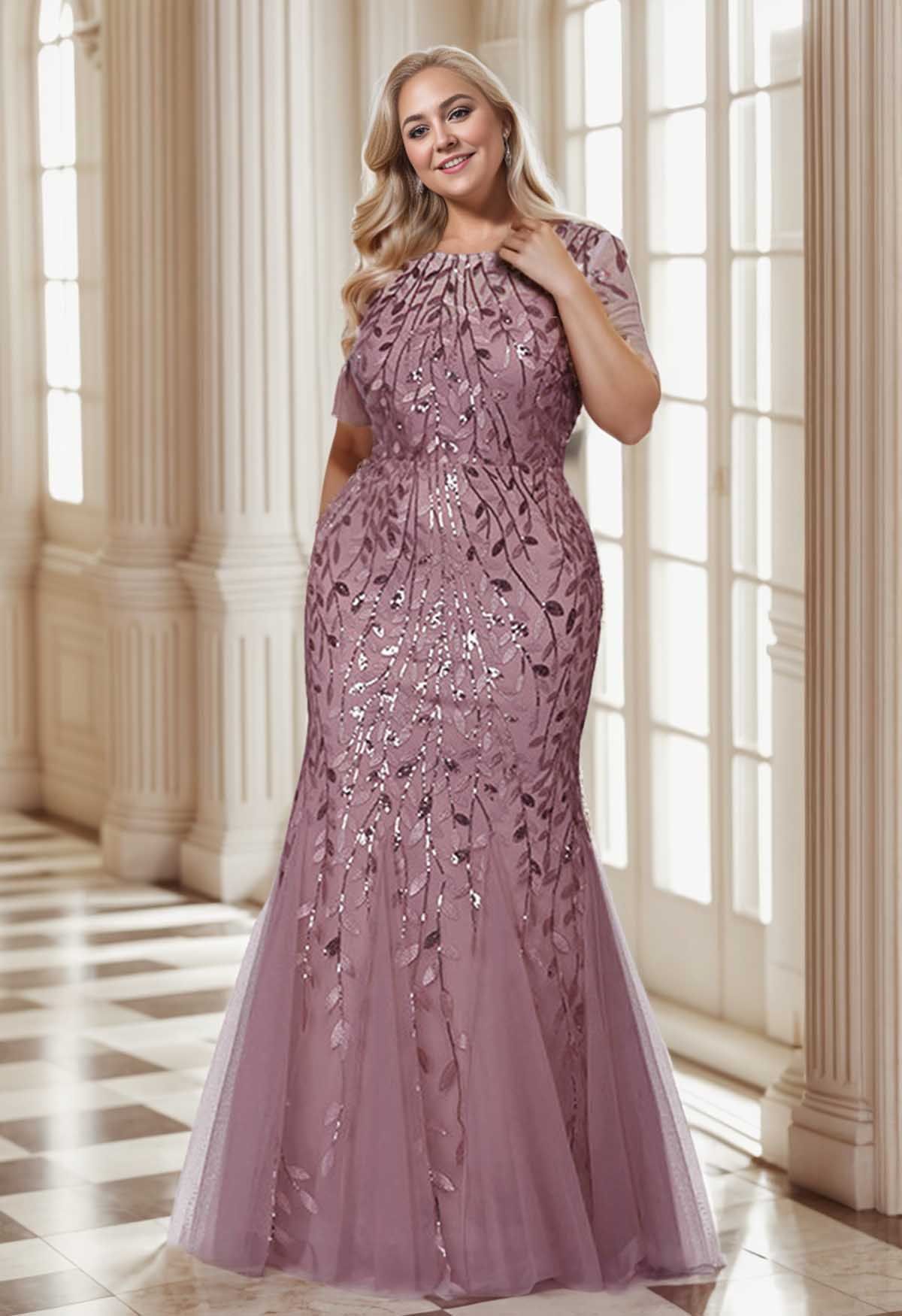 Leaves Branch Sequined Mesh Panelled Gown in Mauve