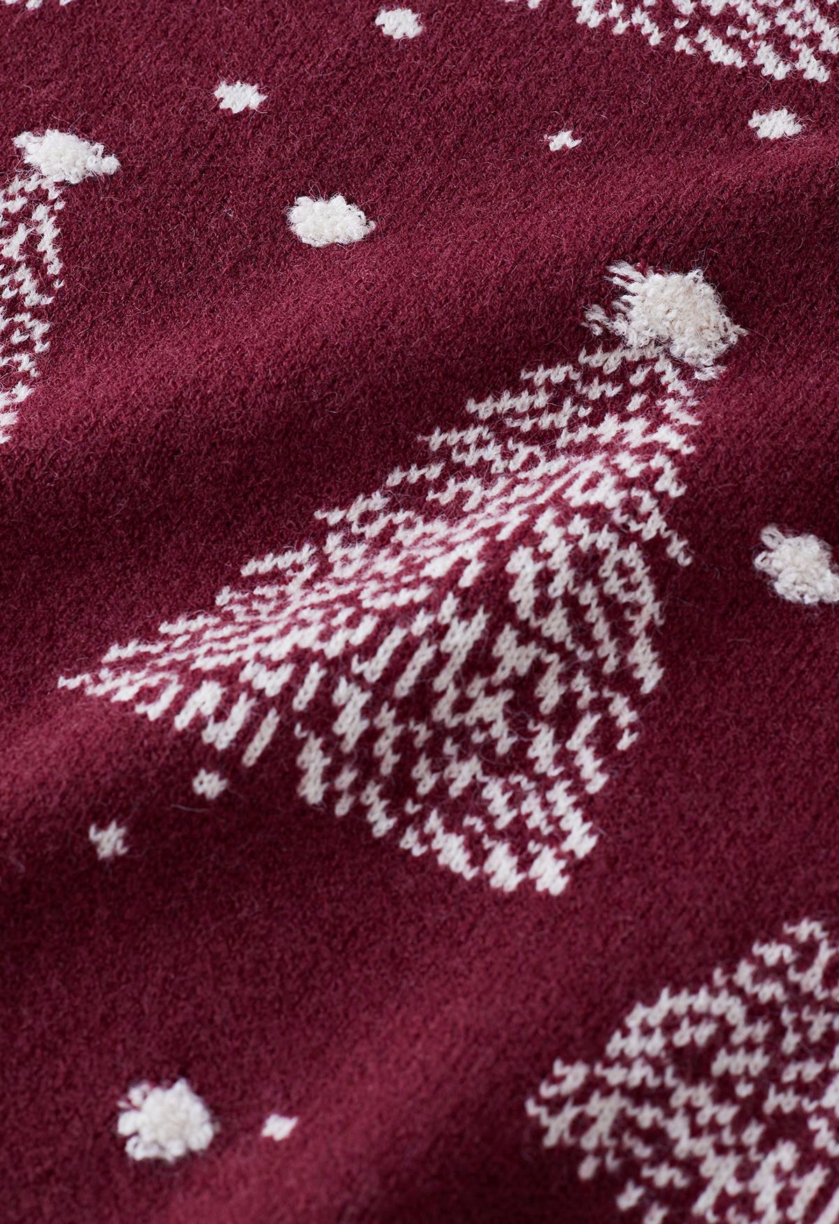 Christmas Tree Pattern Jacquard Knit Sweater in Burgundy