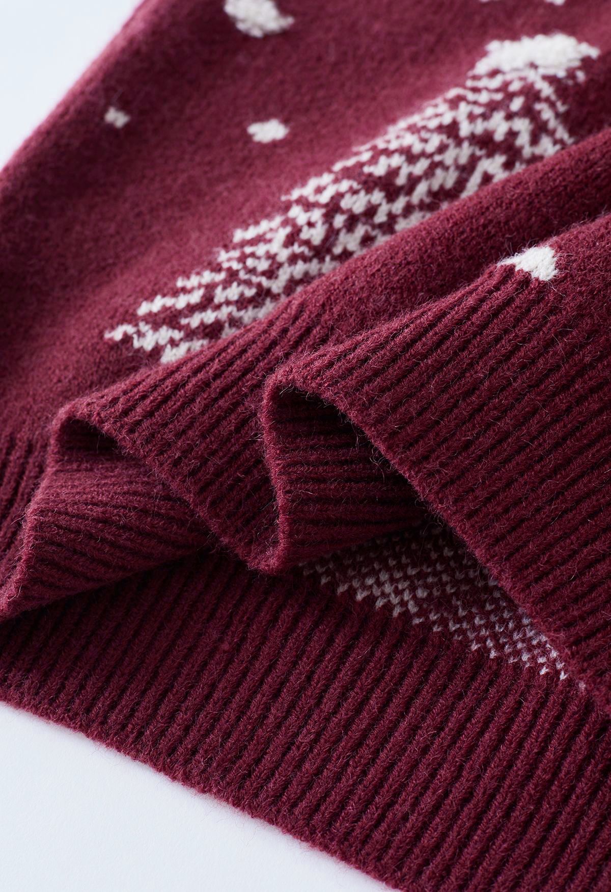 Christmas Tree Pattern Jacquard Knit Sweater in Burgundy