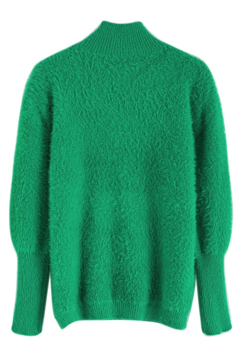 Cozy Perfection High Neck Fuzzy Knit Sweater in Green