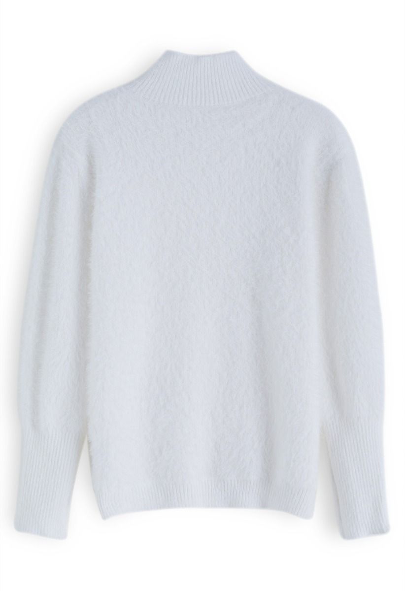 Cozy Perfection High Neck Fuzzy Knit Sweater in White