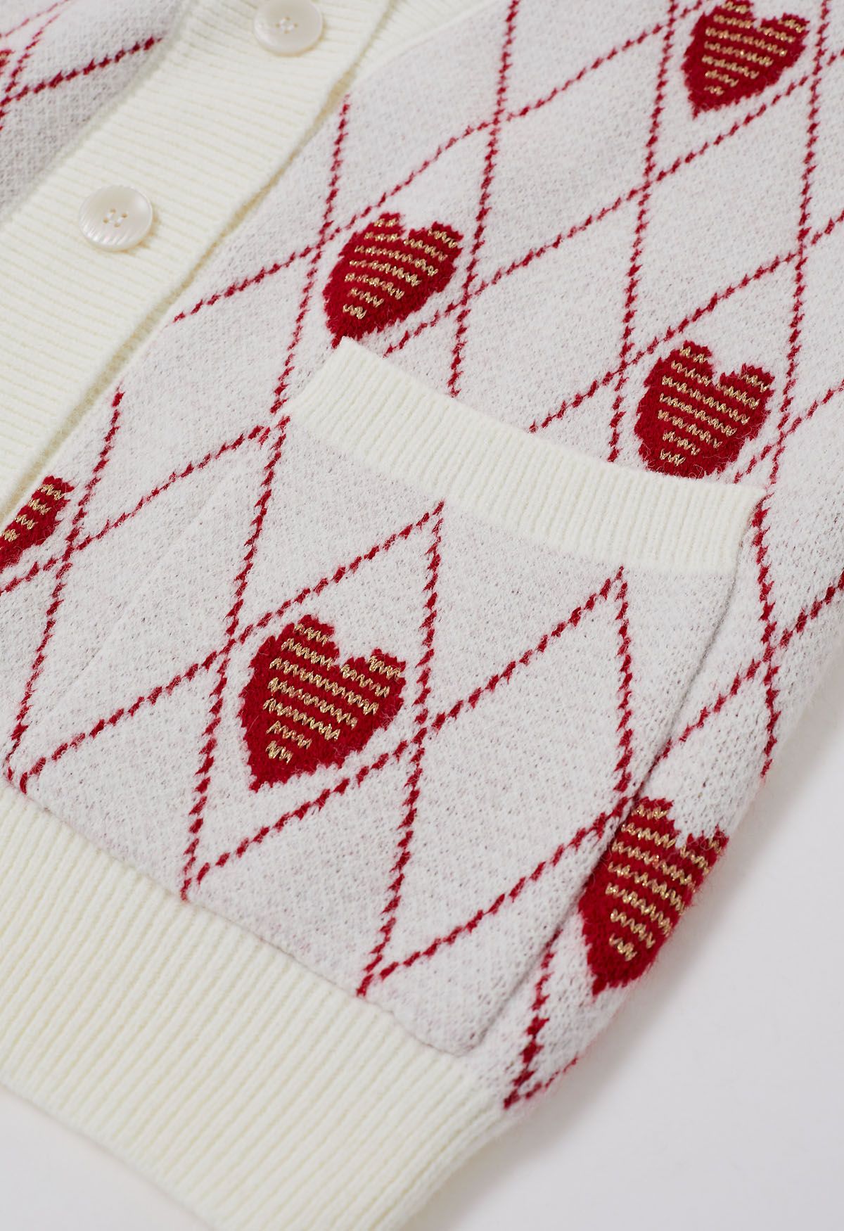 Diamond-Shape Heart Pattern Button-Up Cardigan in White