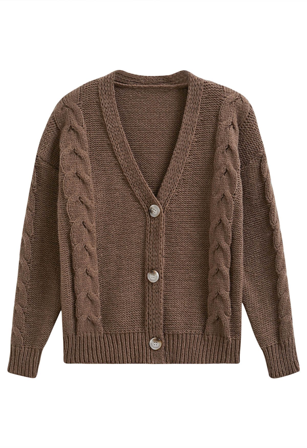 Braid Pattern Buttoned Knit Cardigan in Brown