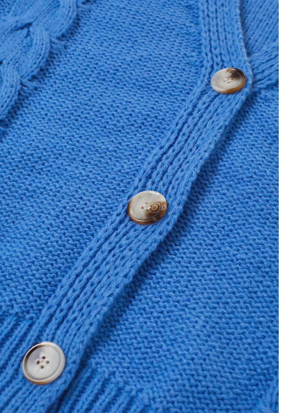 Braid Pattern Buttoned Knit Cardigan in Blue