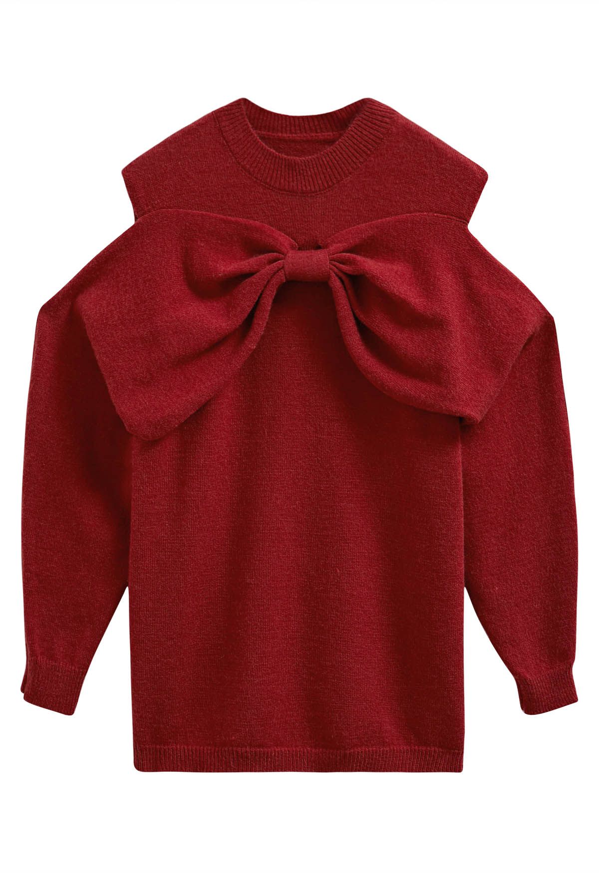 Bowknot Cold-Shoulder Knit Sweater in Red