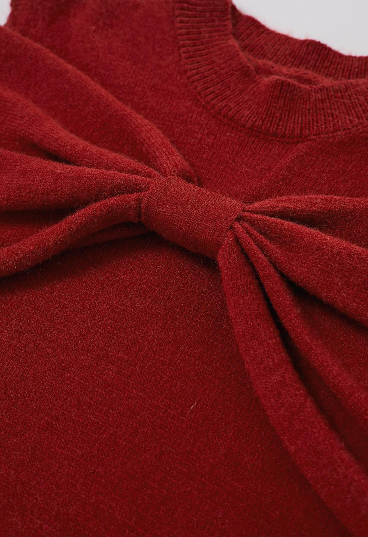 Bowknot Cold-Shoulder Knit Sweater in Red