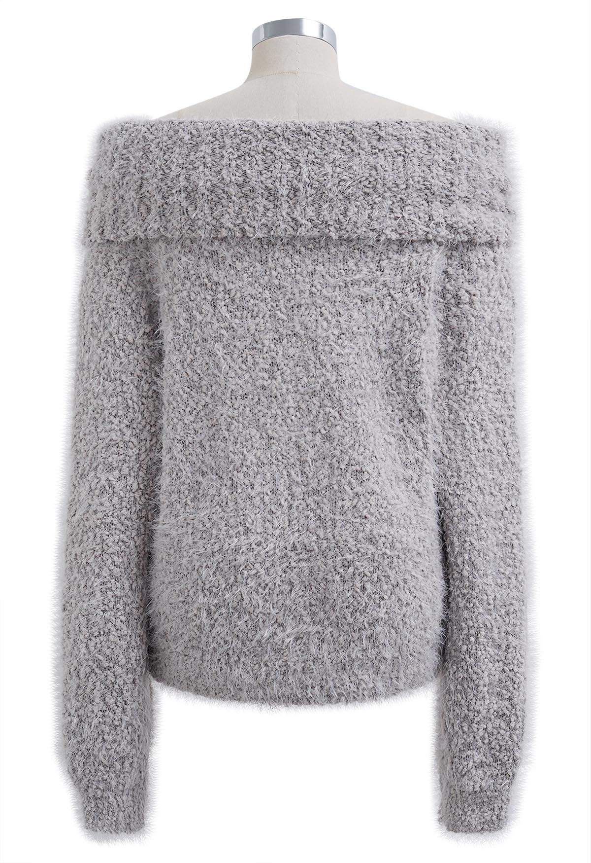 Folded Off-Shoulder Fuzzy Knit Sweater in Grey