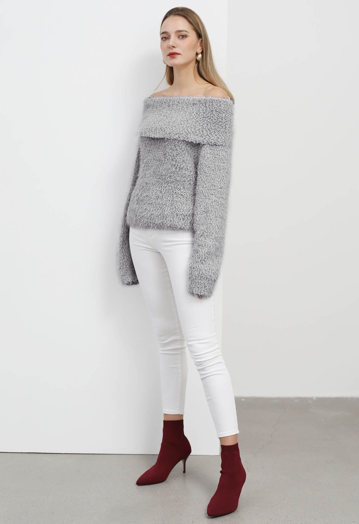 Folded Off-Shoulder Fuzzy Knit Sweater in Grey