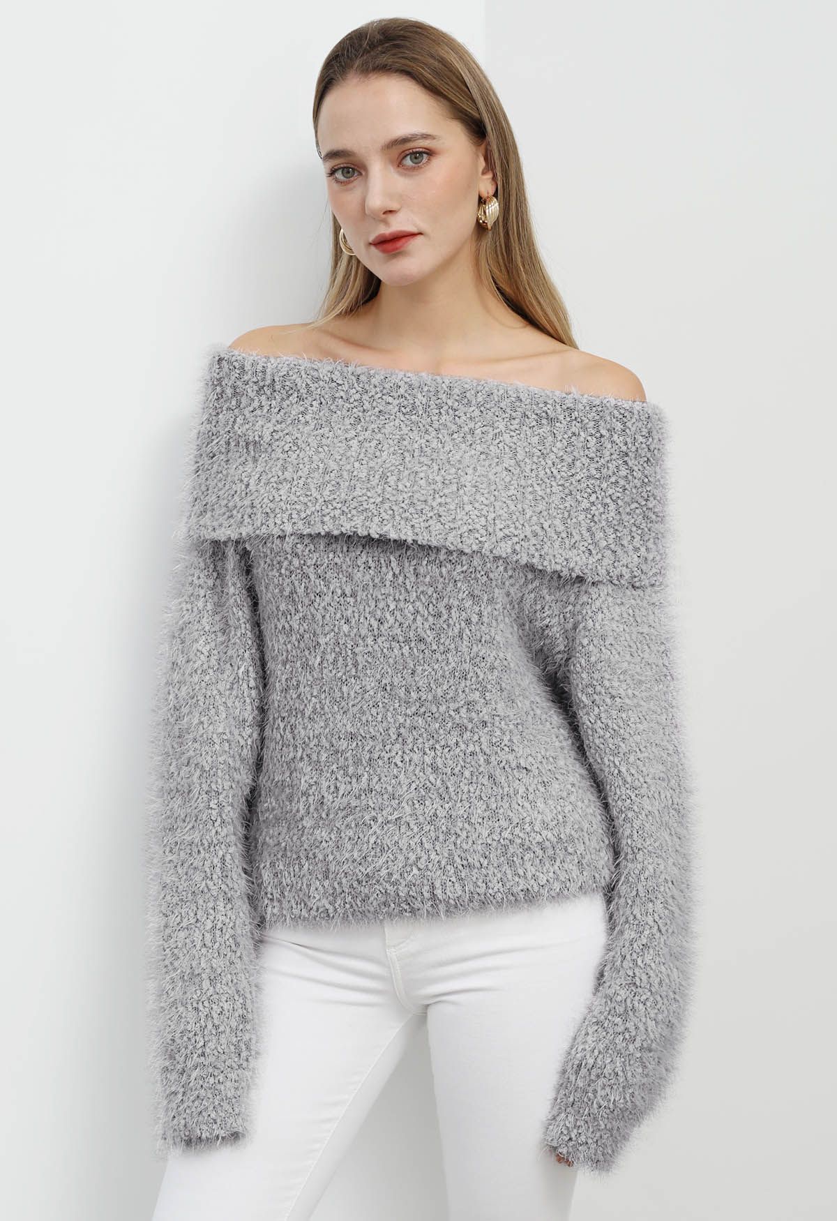 Folded Off-Shoulder Fuzzy Knit Sweater in Grey