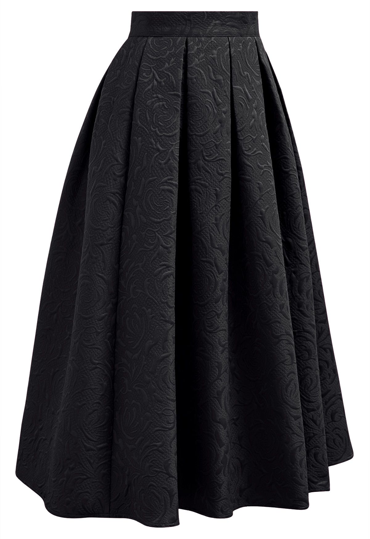 Embossed Floral Pleated Flare Midi Skirt in Black