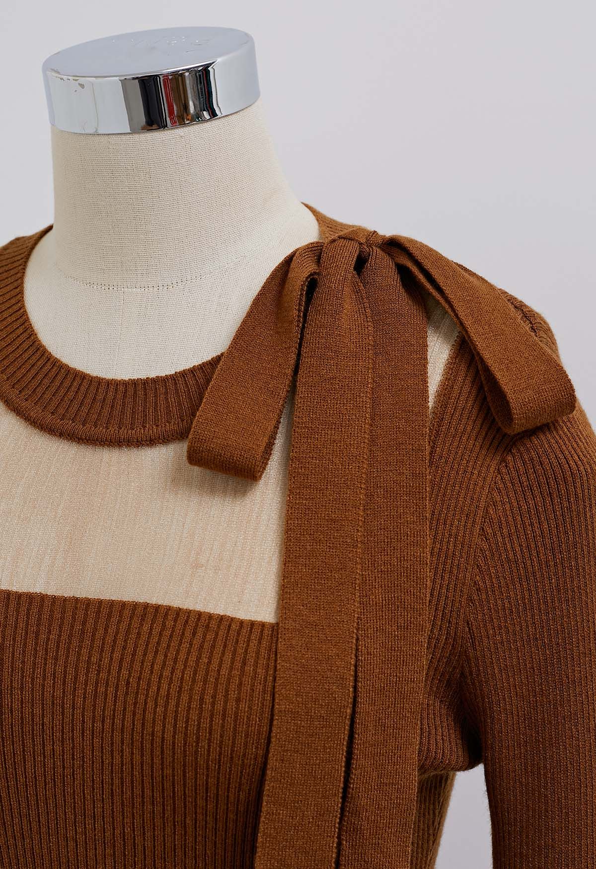 Mesh Inserted Side Bowknot Fitted Knit Top in Caramel