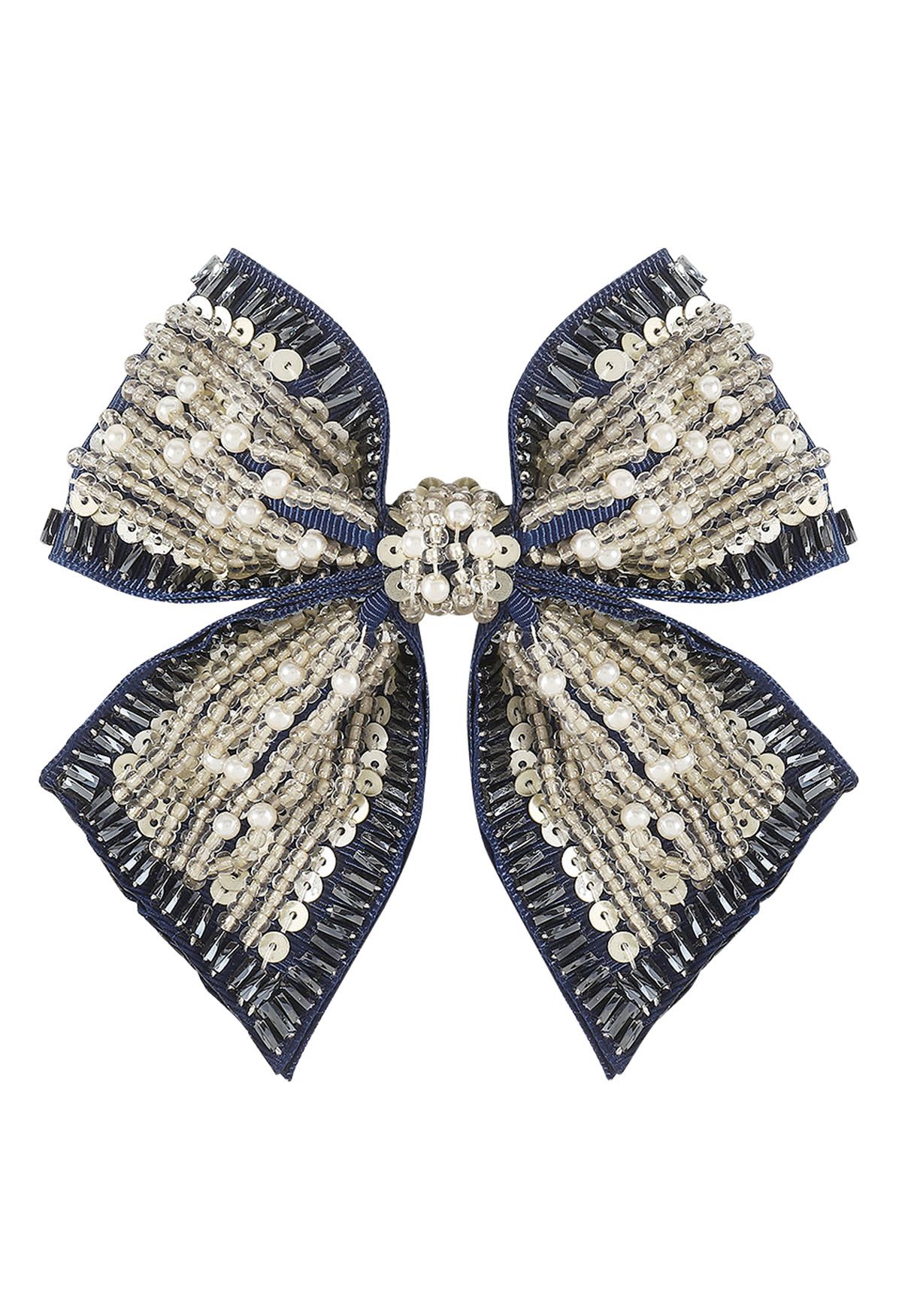 Sequin Beaded Bowknot Hair Barrette in Navy