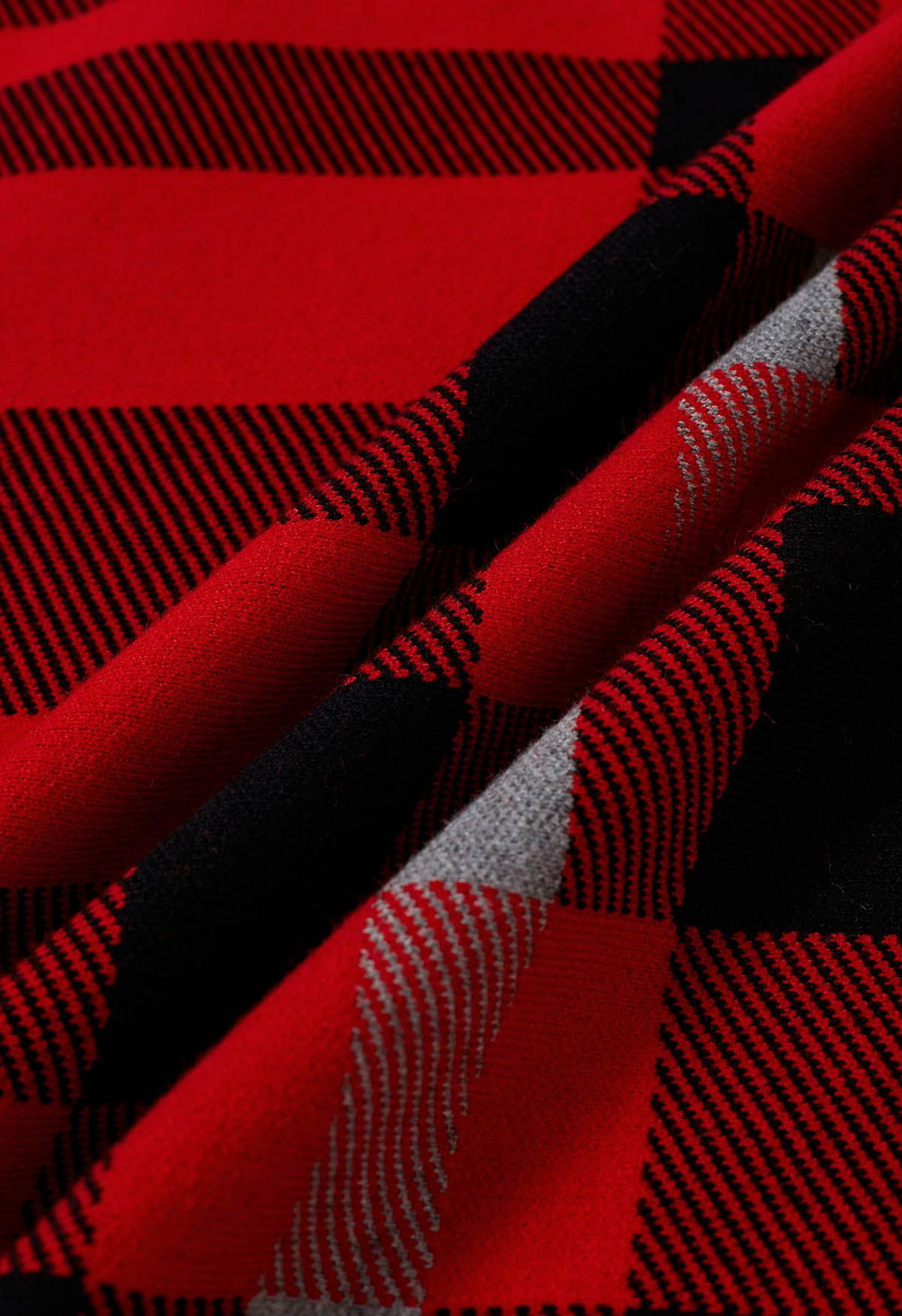 Turtleneck Plaid Tassel Hem Knit Poncho in Red