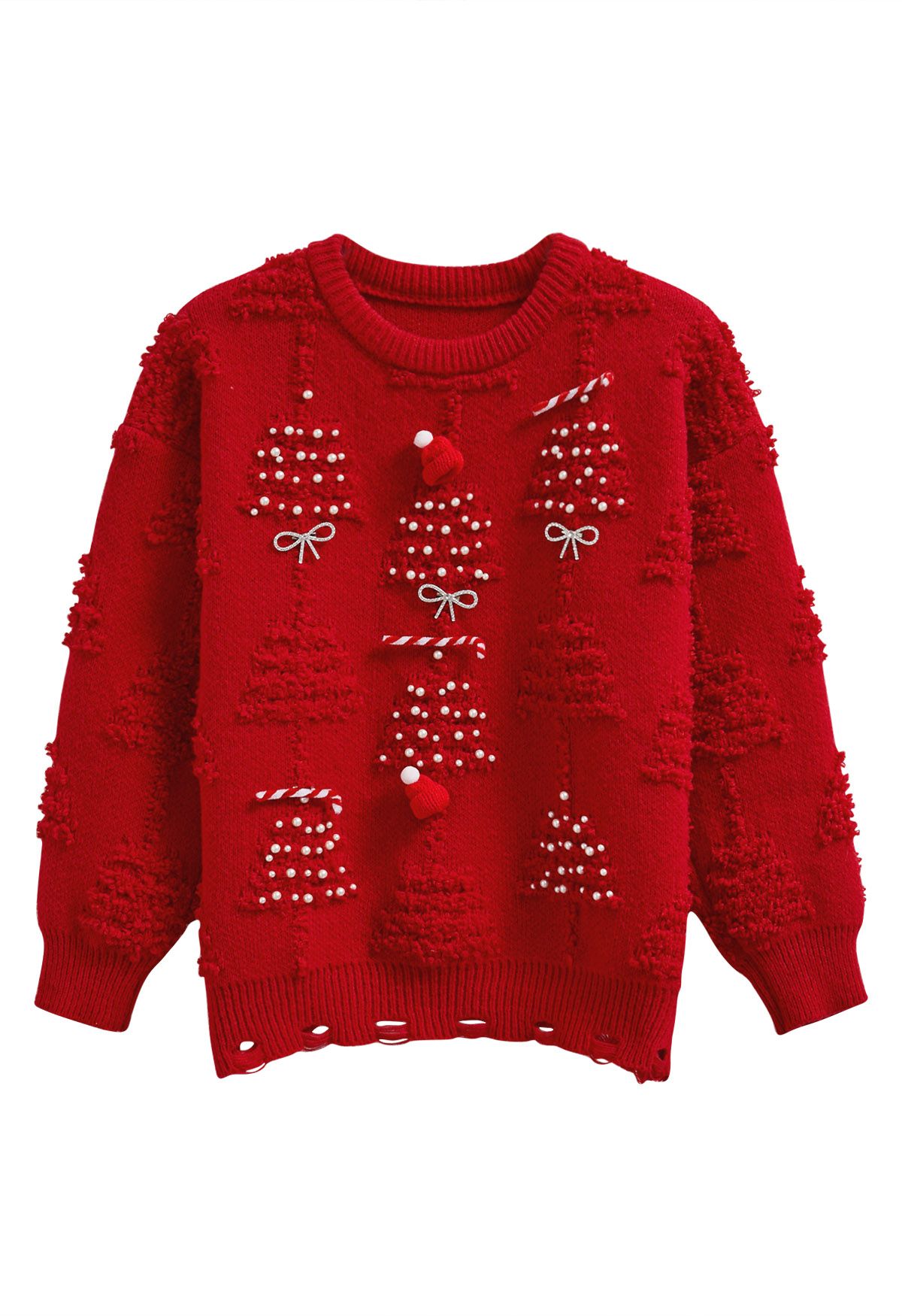 Pearl Christmas Tree Embossed Bowknot Knit Sweater in Red