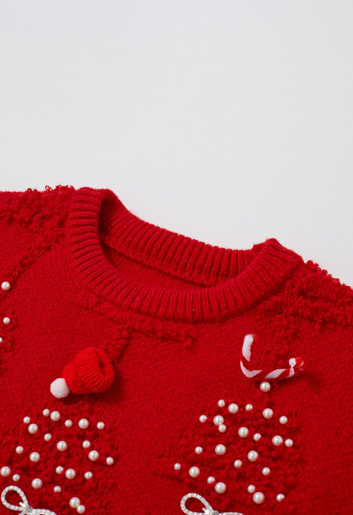 Pearl Christmas Tree Embossed Bowknot Knit Sweater in Red