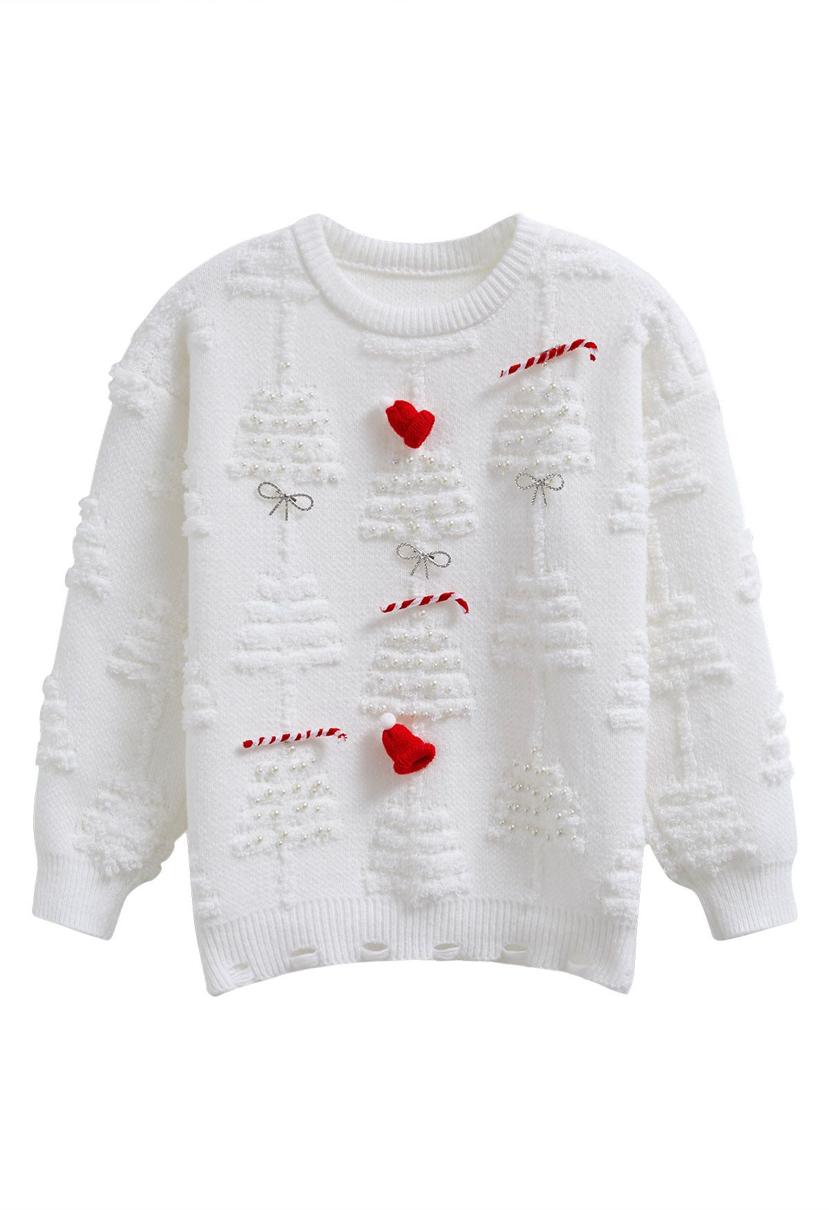 Pearl Christmas Tree Embossed Bowknot Knit Sweater in White