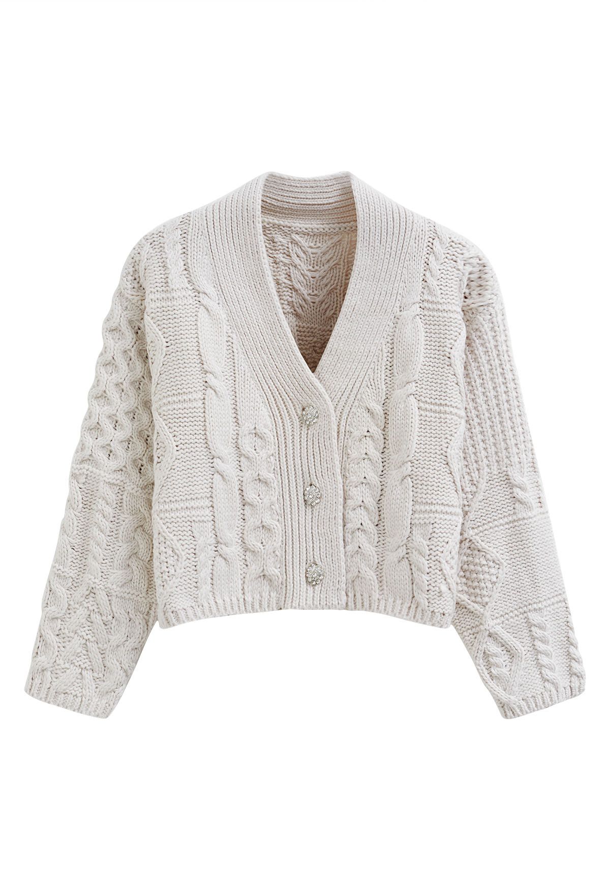 Rhinestone Button Cable Knit Crop Cardigan