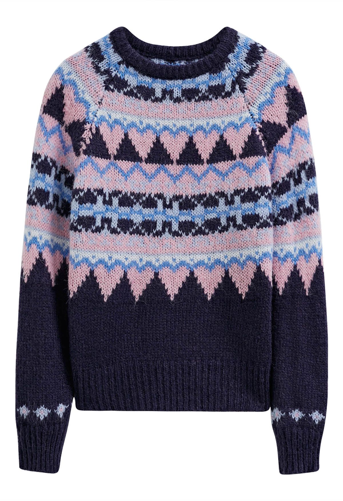 Graphic Fair Isle Crew Neck Knit Sweater