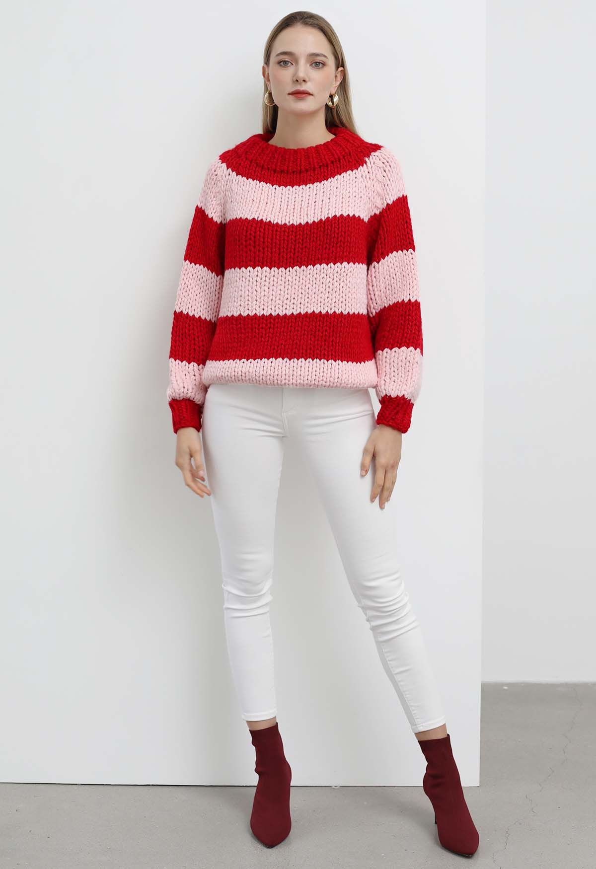 Festive Striped Chunky Hand Knit Sweater