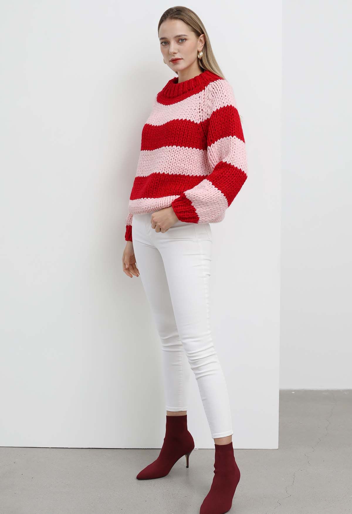 Festive Striped Chunky Hand Knit Sweater