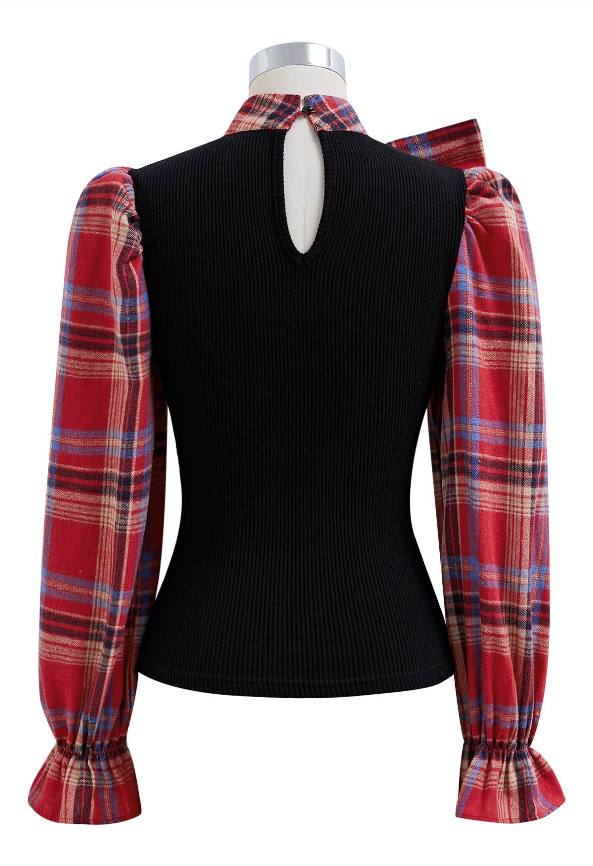 Detachable Bowknot Check Spliced Knit Top in Red