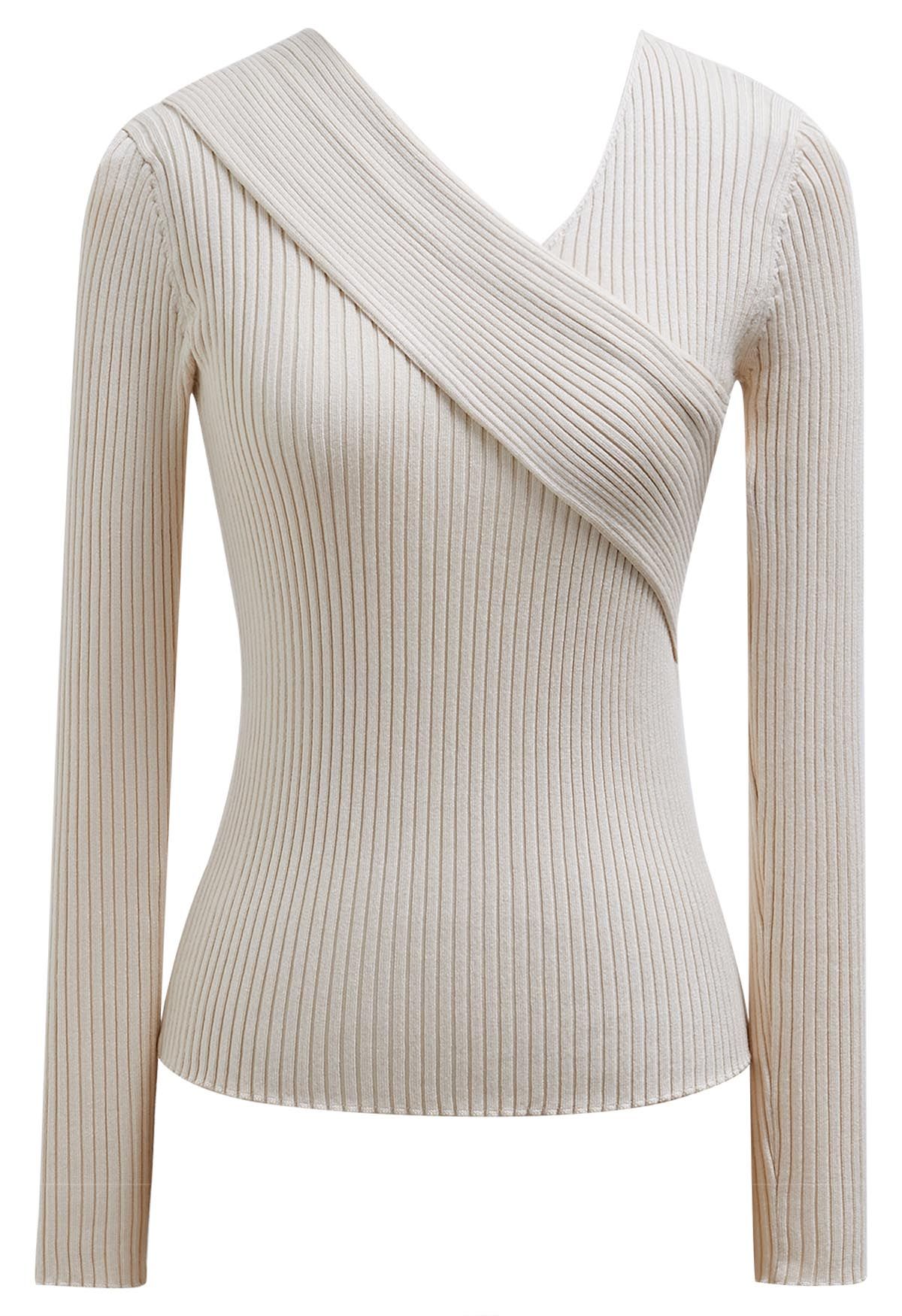 Crisscross Full Ribbed Knit Top in Cream