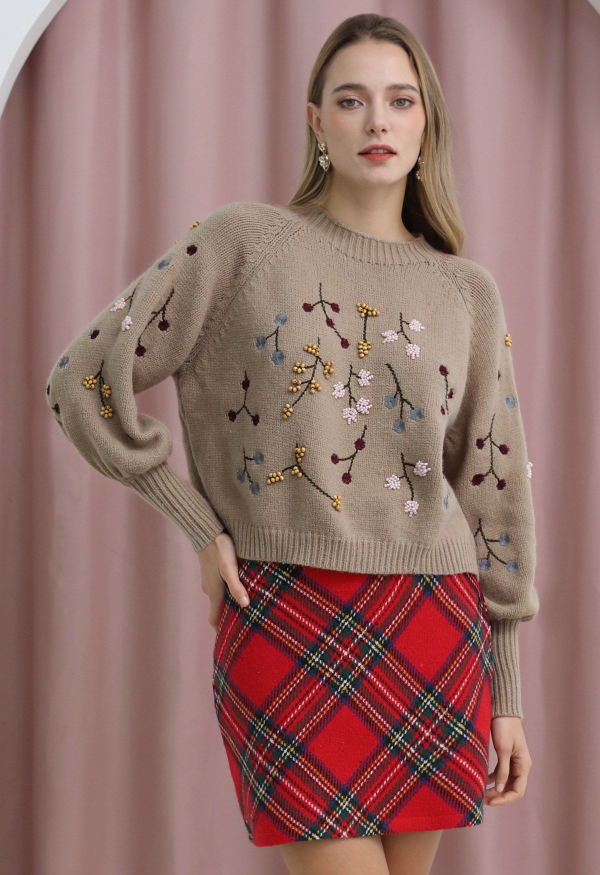 Beaded Embroidered Floral Crop Sweater