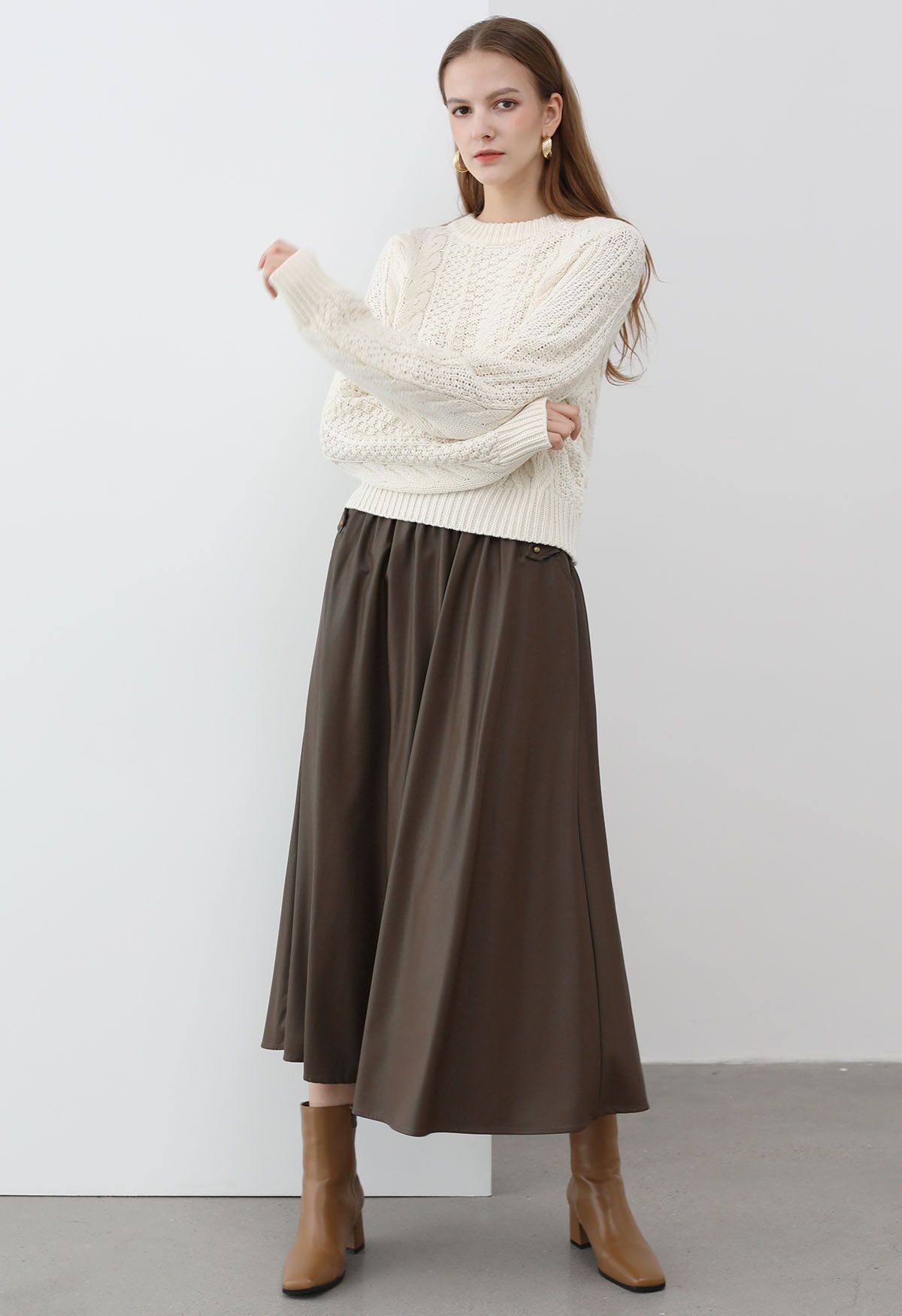 Basic Soft Faux Leather A-Line Skirt in Brown