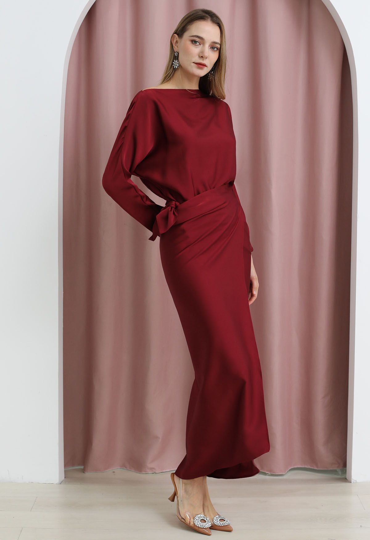 Satin Boat Neck Wrapped Waist Maxi Dress in Red