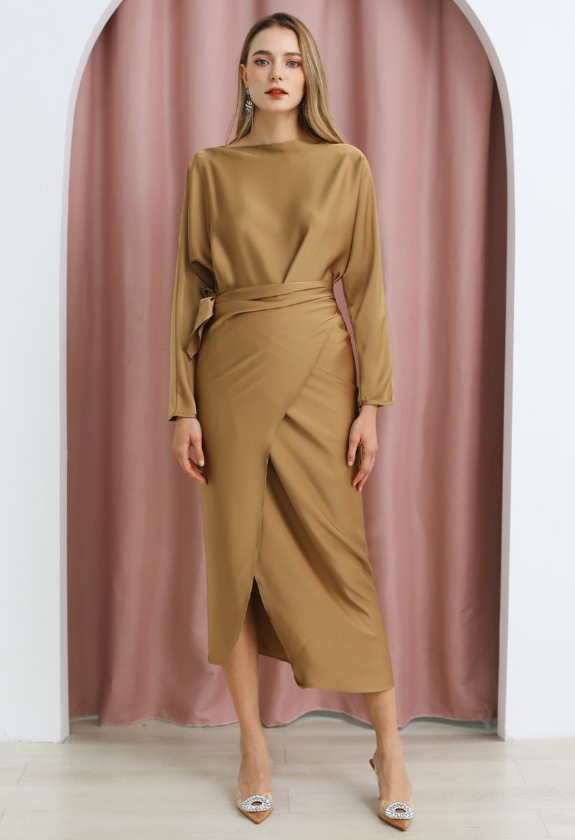 Satin Boat Neck Wrapped Waist Maxi Dress in Gold