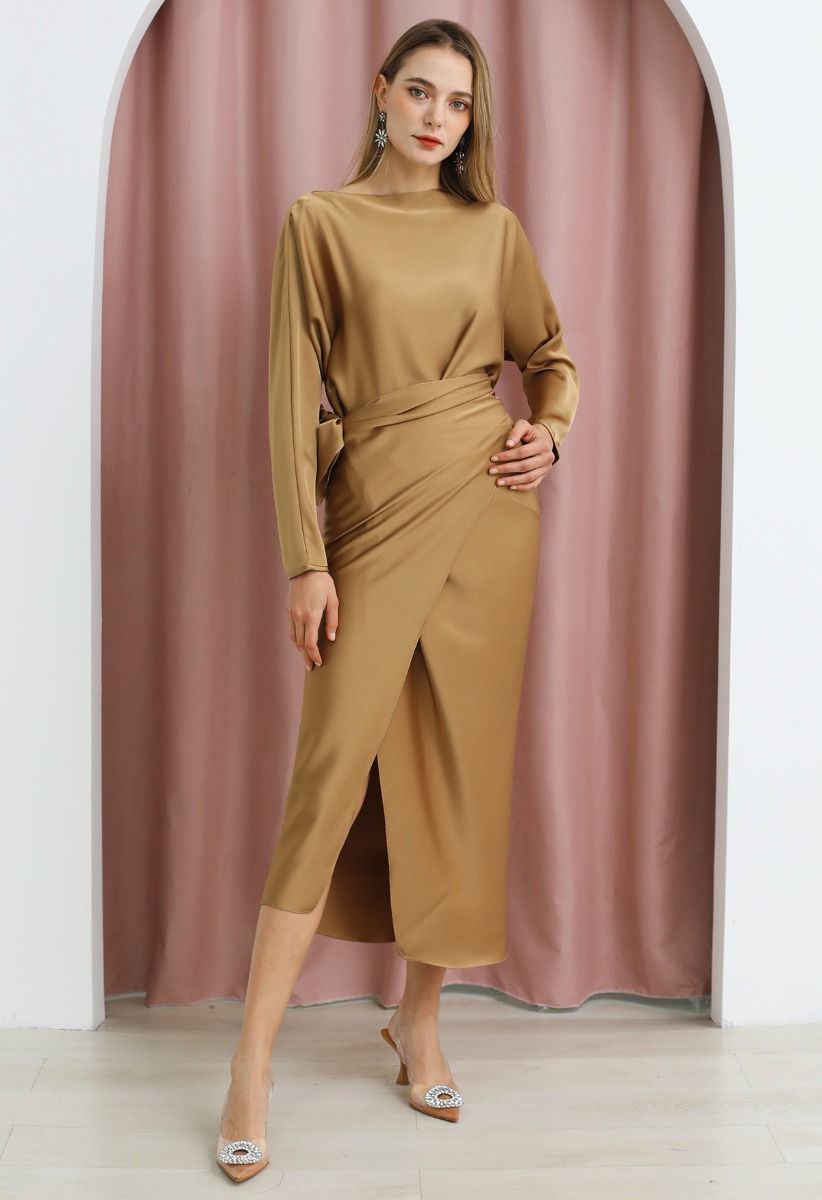 Satin Boat Neck Wrapped Waist Maxi Dress in Gold